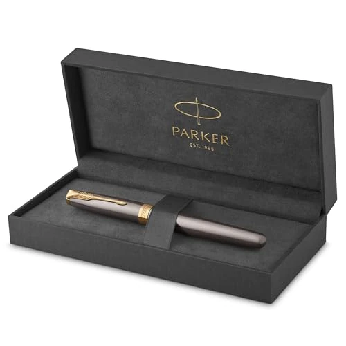 Parker Sonnet Füller | grau lackiert mit goldenen Zierteilen | Füllfederhalter mit feine Edelstahl-Feder | Tintenpatrone schwarz nachfüllen | Geschenkbox | perfekte Geschenke zum Schulabschluss