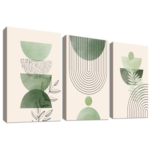 Limited offer: 3 Pcs Sage Green Boho Canvas Print Framed Minimalist Abstract Geometric Beige Green Painting Canvas Paintings Modern Bedroom Living Room Wall Decorations 90x40cm(12"x16"x3pcs) from 29.99 EUR to 19.99 EUR (save 33%)