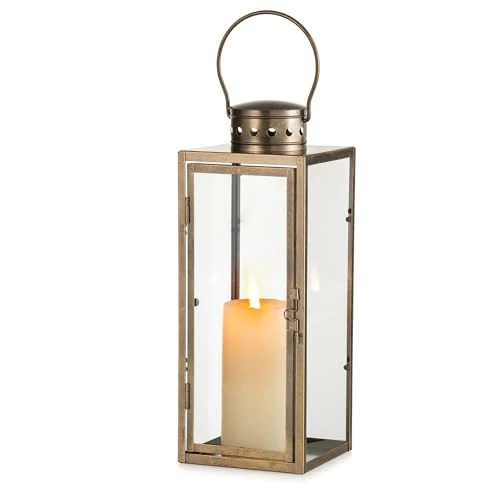 Oferta limitada: NUPTIO Linternas Vintage Oro Distressed: 35cm Alto Colgante Decorativo Farmhouse Metal Farol Decoración Interior con Vidrio - Portavelas para Halloween Hogar Manto Sala Patio de 39.98 EUR a 31.98 EUR (ahorro 20%)