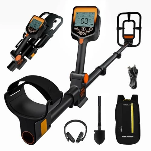 LOLARAN Metal Detector for Adults - Rechargeable Battery, Foldable, Waterproof Search Coil, Includes Shovel, Backpack, Headphones, Professional Design with Blue Backlight LCD, Orange