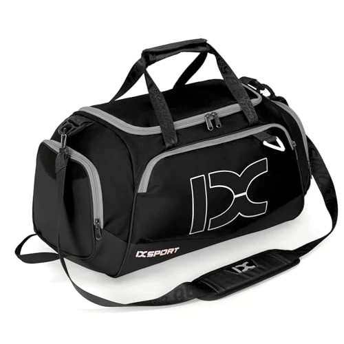 INOXTO Duża składana sportowa torba podróżna z suchymi i mokrymi kieszeniami i przegrodą na buty, mężczyźni i kobiety, weekendowa torba kempingowa, Czarny z białym, Athleisure