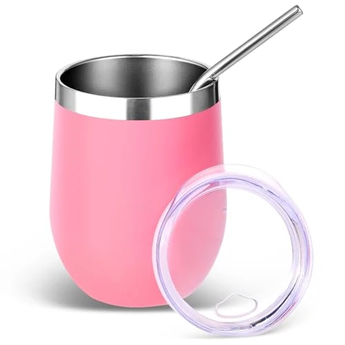 Volhoply 12oz Stainless Steel Wine Tumbler with Lid and Straw,350ml Double Wall Vacuum Insulated Stemless Wine Glasses,Travel Coffee Mug for Cold Drinks,Tumblers Gifts for Women Men（Pink,1 Set）