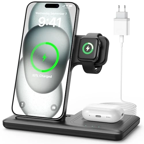 Inductive Charging Station Wireless Charger - 3-in-1 15W Mobile Phone Wireless Magsafe Charging Station for iPhone 16 15 14 13 Pro Max Plus, Watch Ultra 10, Earbuds with 20W Charger and 1M Charging