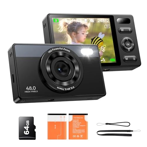 Oferta limitada: Cámara Digital 64GB con 48MP Auto Focus y Zoom 16X - Compacta Portátil Recargable para Niños Principiantes de 49.99 EUR a 30.95 EUR (ahorro 38%)