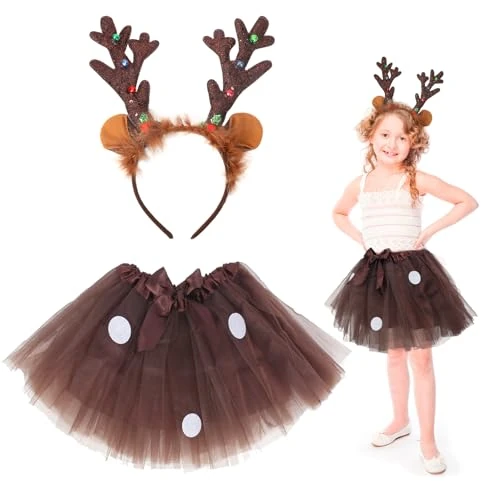 Offerta a tempo: Fennoral 2 pz Costume da Renna Bambina Set Costume Animali Bambina Costume di Natale per bambini Costume per Travestimento da Renna-Fascia Tutù Tulle-per Carnevale Halloween Cosplay Festa Regalo - 35% da 16.97 € a 11.09 €