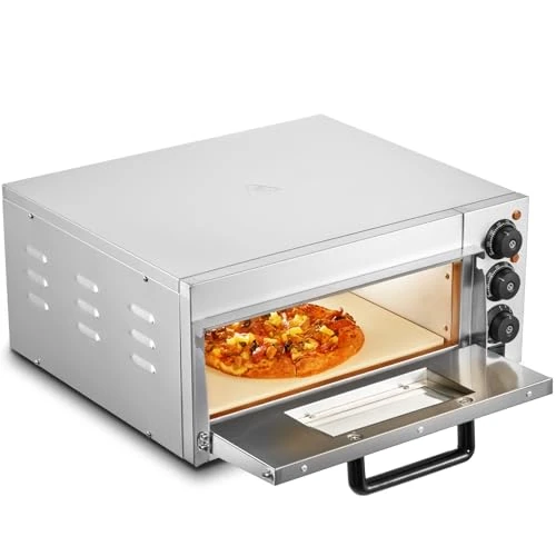 VEVOR Kommerzieller Pizzaofen Backofen Einzeldeckschicht 406 mm, elektrischer Pizzaofen aus Edelstahl mit drei Drehknöpfen, Mehrzweck-Pizzamaker Indoor, zum Backen im Restaurant, zu Hause, Silber