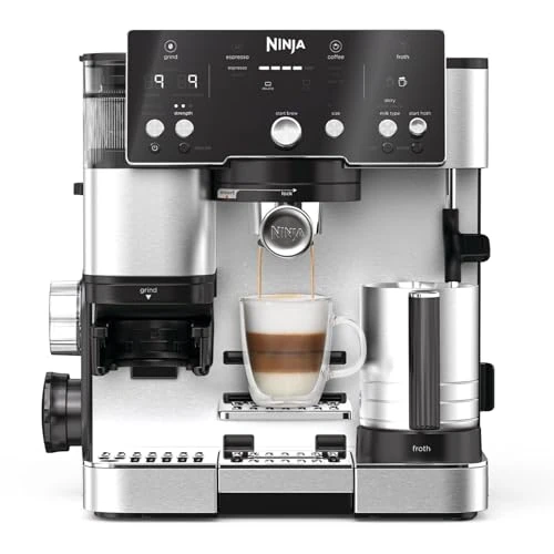 Ninja Luxe Essential 2-in-1 Coffee Maker, Latte, Cappuccino & Espresso Maker with Built-in Coffee Grinder & Milk Frother, Easy to Use, 2 Automated Frothing Modes, Silver, ES501EU