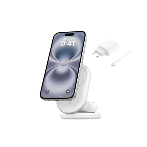 Offre limitée : Belkin BoostCharge Socle de Recharge 2-en-1 aimanté et Pliable Qi2, 15W, Compatible MagSafe Chargeur sans Fil, Recharge Rapide, Apple iPhone 17, iPhone Air, Pixelsnap, Adaptateur Inclus - Blanc de 49.99 € à 24.99 € (50% de remise)