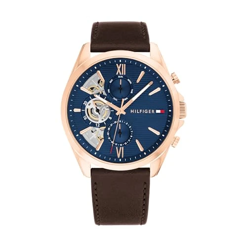 Tijdelijke aanbieding: Tommy Hilfiger Analoog multifunctioneel kwartshorloge voor heren met roestvrijstalen mesh en schakelarmband en lederen band, Blauw, riem van 188.09 EUR naar 142.95 EUR (korting 24%)