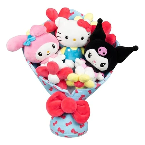 Grandi Giochi Hello Kitty - Bouquet Di Peluche Con Hello Kitty, Kuromi E My Melody – 3 Peluche Da 12 Cm E Fiorellini Morbidi Per Occasioni Speciali - Romantico E Divertente