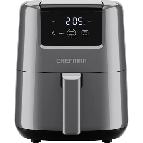 Chefman 2 Litre Mini Air Fryer, Space-Saving Air Fryer, Non-Stick Coating and Dishwasher Safe, Quick and Easy Meals, with Digital Timer and Shake Reminder, Grey