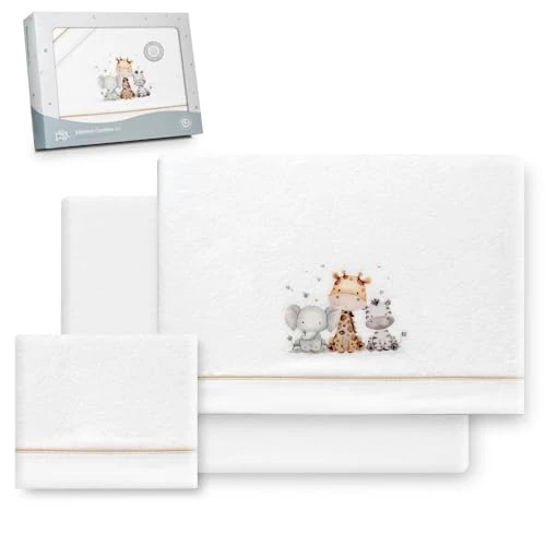 Offerta a tempo: Interbaby - Set lenzuola per lettino 60 x 120 poliestere 100% | lenzuolo per lettino corallino, caldo | Include lenzuolo inferiore, piano e federa per cuscino | ideale per l'inverno | giraffa elefante - 0.00% da 26.30 € a 26.30 €