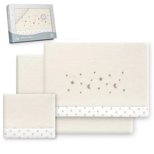 Offerta a tempo: Interbaby - Set lenzuola per lettino 60 x 120 poliestere 100% | lenzuolo per lettino corallino, caldo | Include lenzuolo inferiore, piano e federa per cuscino | ideale per l'inverno | stella luna - 0.00% da 33.65 € a 33.65 €