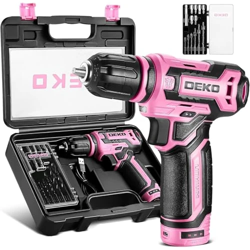 DEKOPRO 12V Pink Cordless Drill Driver with Gift Box for Women, 13 Pieces, Electric Drill for Drilling and Tightening/Loosening Screws