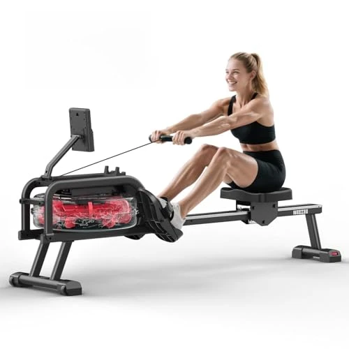 Neezee Wioślarz do domu, wioślarz z monitorem Bluetooth i uchwytem na tablet, urządzenie wioślarskie o maks. obciążeniu 150 kg, kompatybilna z aplikacją kinową, przechowywanie w pionie