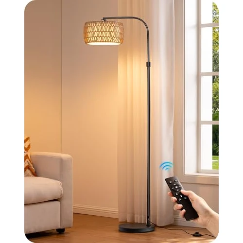 EDISHINE Vloerlamp voor woonkamer, booglamp met dubbele lampenkap, 2700 K-6000 K, traploos dimbaar met afstandsbediening en pedaal, E27 ledlamp inbegrepen, boho-vloerlamp voor slaapkamer, zwart