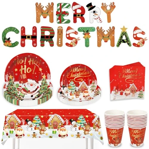 Offerta a tempo: Set Completo Tovaglie, Tazze Piatti e Tovaglioli per Feste di Natale con Babbo 82 Pezzi Decorazioni per Cenone e Feste - 24% da 16.99 € a 12.99 €