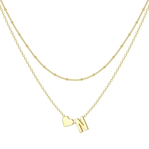 Offerta a tempo: BodyBonita Collana con Cuore Iniziale a Strati - Delicata Collane con Lettera N Minuscola Placcata in Oro 16K e Monogramma Personalizzato Necklace con Nome per Donna, Gioielli Alla Moda - 76% da 31.62 € a 7.65 €