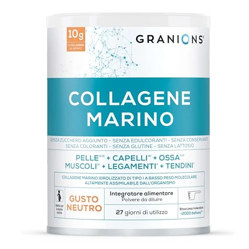 GRANIONS Collagene Marino - Collagene Idrolizzato Tipo 1 in Polvere con Vitamina C - Collagene da bere - Integratori per capelli e pele - Vitamina C - Gusto Neutro - 278g - 10g per Dose - 27 Giorni