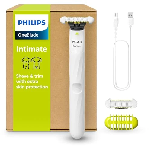 Limitiertes Angebot: Philips OneBlade Intimate - Elektrischer Intimrasierer und Intimtrimmer für Frauen und Männer, mit extra Hautschutz, 2x SkinProtect Klingen, 1x 3-mm-Trimmaufsatz, QP1924/30, Weiß von 44.99 EUR auf 31.99 EUR (Spare 29%)