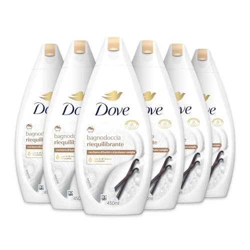 Dove 6 x balancerende douchegel, natuurlijke dermo-vochtverzorging, sheaboter en vanille, 1/4 vochtinbrengende crème, dermatologisch getest, schuimbad voor dames en heren, 100% gerecyclede fles