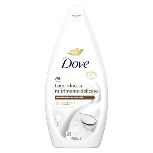 Dove Sanfte pflegende Duschgel, dermo-natürliche Feuchtigkeitspflege, Kokosöl, 1/4 Feuchtigkeitscreme, dermatologisch getestet, Duschgel für Damen und Herren, 100% recycelte Flasche* 450 ml