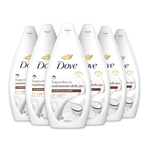Dove Zachte voedende douchegel, dermo-natuurlijke vochtverzorging, kokosolie, 1/4 vochtinbrengende crème, dermatologisch getest, douchegel voor dames en heren, 100% gerecyclede fles* 6 stuks x 450 ml