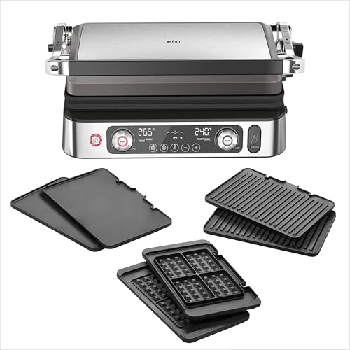 Braun MultiGrill9 CG9167 Griglia Elettrica a Controllo Elettronico, 2 Termostati Indipendenti, 3 Posizioni Cottura, Termosonda, Funzione BOOST, in Dotazione 1 Set Piastre Griglie+Liscie+Waffle, 2200W