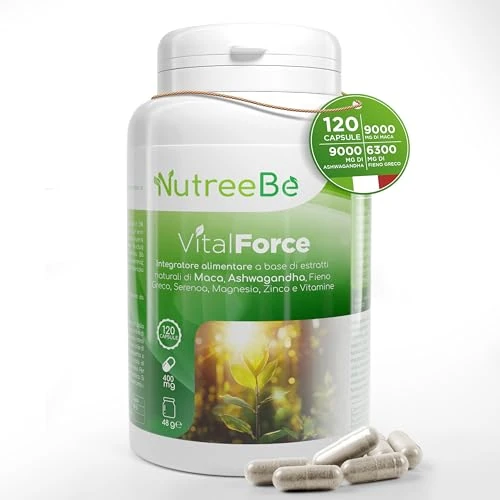 Offerta a tempo: NutreeBe VitalForce – Integratore Energia Naturale Uomo e Donna – 9 Ingredienti in 1 per Stanchezza Fisica e Mentale – Ashwagandha, Maca Peruviana e Fieno Greco – 120 Capsule – Made in Italy - 33% da 14.99 € a 9.99 €