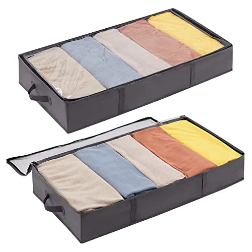 Lifewit Pack of 2 Underbed Storage Boxes, 65L Foldable Clothes Storage Bag with Lid for Duvets, Clothes, Underbed Wardrobe, Grey