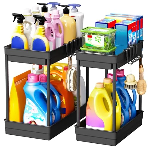 Organizer kuchenny, 2 poziomy, regał pod umywalkę, organizer do szafki z 4 haczykami, organizer do zlewozmywaka do kuchni, łazienki, na środki czyszczące, kolor czarny, 2 opakowania.
