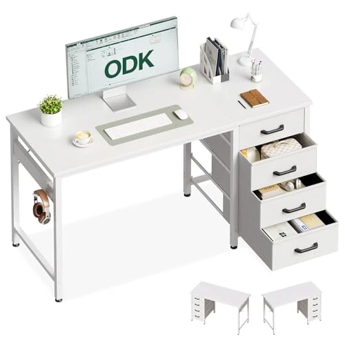 ODK Desk with 4 Drawers, Computer Desk with Headphone Holder, PC Table, Reversible Office Table (White, 120cm)