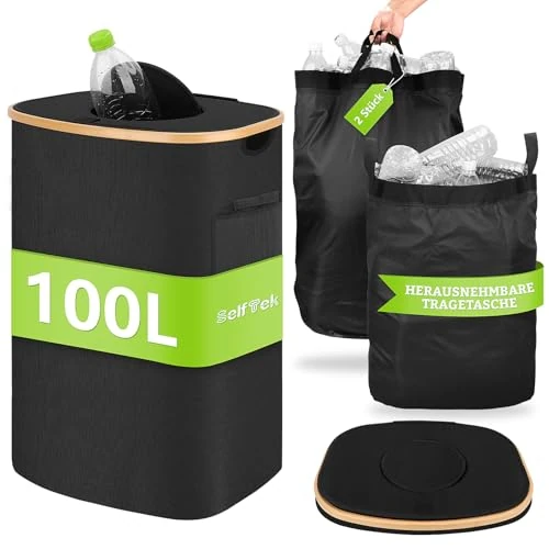 Limited offer: SelfTek 100 L Deposit Bottles Collection Container with Lid, Deposit Bottles Storage Large, Container Empty & Waste Glass Storage, Bottle Collector Empty with Hole Kitchen Rubbish Bin, Black from 39.94 EUR to 39.94 EUR (save 0%)