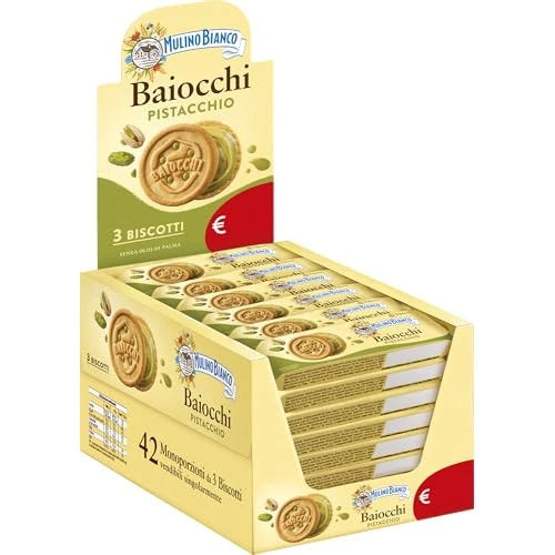 Offerta a tempo: Mulino Bianco Biscotti Baiocchi al Pistacchio, Biscotti con Pistacchio e Pastafrolla Ideali per Colazione o Merenda, Senza Olio di Palma, Confezione da 42 Monoporzioni da 28g - 17% da 18.99 € a 15.77 €