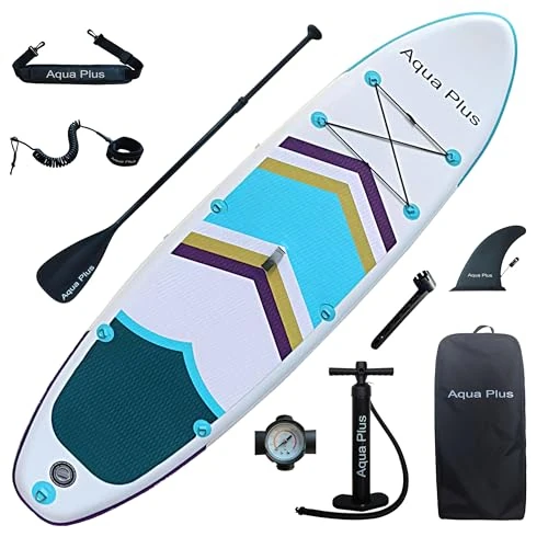 Offerta a tempo: Aqua Plus 15cm Spessore SUP Gonfiabile per Tutti i Livelli di abilità Tavola da Paddle in Piedi, pagaia, Pompa, ISUP Zaino da Viaggio, guinzaglio, Tracolla - 5% da 169.99 € a 161.49 €