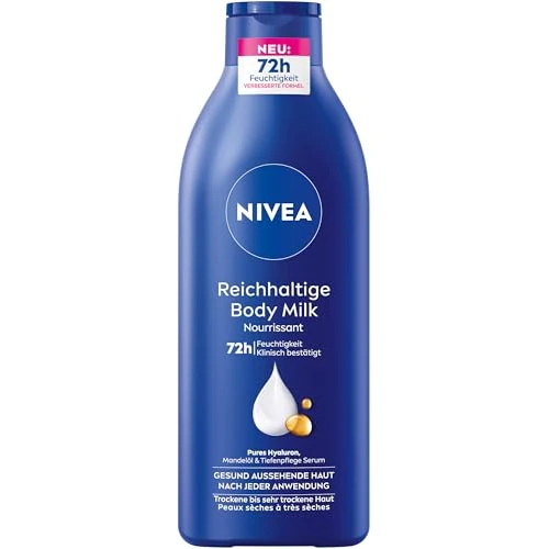 NIVEA Rica leche corporal, crema corporal intensamente nutritiva con ácido hialurónico puro, aceite de almendras y suero de cuidado profundo, loción para piel seca (400 ml)