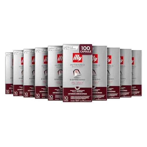 Offerta a tempo: illy, Caffè in Capsule Compatibili in Alluminio INTENSO, 100% Arabica con Note di Cacao e Frutta Secca, Retrogusto Pieno e Corposo, 10 Confezioni da 10 (100 Capsule Totali) - 25% da 49.90 € a 37.43 €