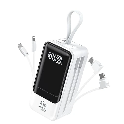 External Battery USB C 65W, Power Bank Fast Charging, External Charger Laptop Battery with Built-in Cables, Travel Accessories for iPhone 16 15 14 13 12 Pro Max, Samsung, Macbook, iPad