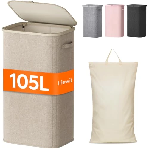 Lifewit Cesto Portabiancheria, Cesta Panni Sporchi con coperchio, Laundry Basket con Plastica Manici, Porta Biancheria Sporca per Bagno, Lavanderia, Camera da Letto, 105 L, Beige