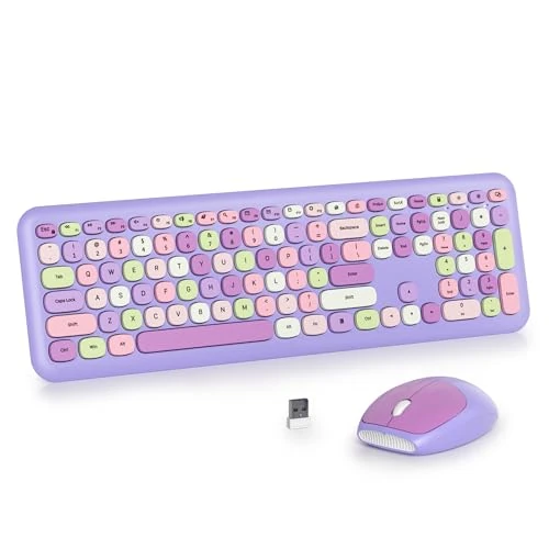 SOLIDEE Ensemble clavier et souris sans fil coloré, clavier rétro 2,4 GHz, 104 touches pleine taille avec pavé numérique, clavier à membrane silencieuse avec touches rondes (disposition américaine