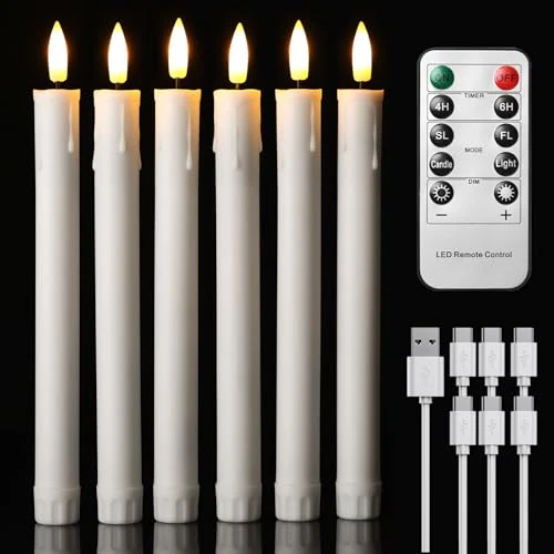 EXTSUD Set of 6 LED Taper Candles Rechargeable with Timer and Remote Control Soft Silicone Wax Core, Unique Tear Design LED Candles for Room, Wedding, Dining Table and Garden Party
