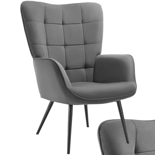 tectake® oorfauteuil gestoffeerd - Scandinavische stijl, teddystoel, woonkamer, slaapkamer, lounge stoel, draagvermogen tot 150 kg - div uitvoeringen (fijne rib antraciet/zwart, zonder hocker)