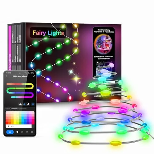 Aurevita Guirlande Lumineuse Intelligente RGB-IC, 20 m 200 LED Guirlande Lumineuse Extérieure Synchronisation Musicale Lumières d'Arbre de Noël, Fonctionne avec Alexa pour Fêtes, Jardin, Chambres, Déc