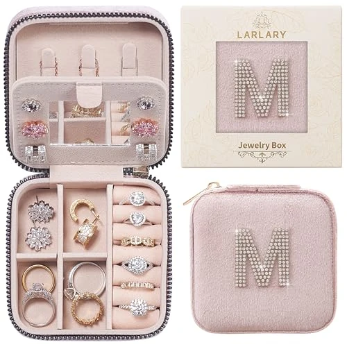 Larlary Portagioie da viaggio per anelli, orecchini, collane e bracciali con lettere - Rosa (M)