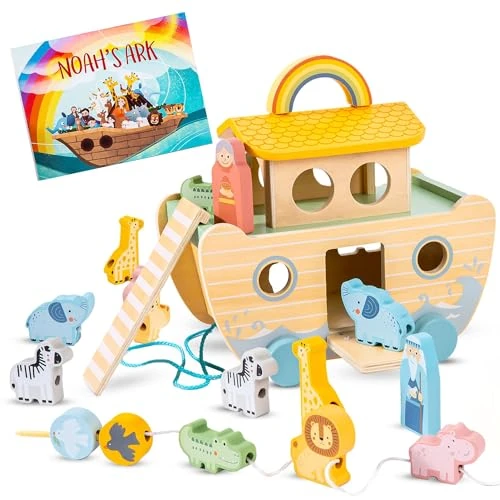 Limited offer: Wooden Noah's Ark Toy for Kids - Montessori toys | Christening & First Birthday for Boys & Girls | Educational Christian Toys with Colorful Ark and Animals | Suitable for Christmas & Baptism Baby Toys from 27.22 EUR to 27.22 EUR (save 0%)