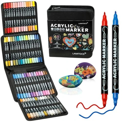 Limitiertes Angebot: Lamitocs Acrylstifte für Steine Wasserfest, 60 PCS Dual Tip Acrylmarker Multimarker, Acrylfarben Stifte für Rock Painting Glas Kiesel Stein Keramik von 29.99 EUR auf 19.99 EUR (Spare 33%)
