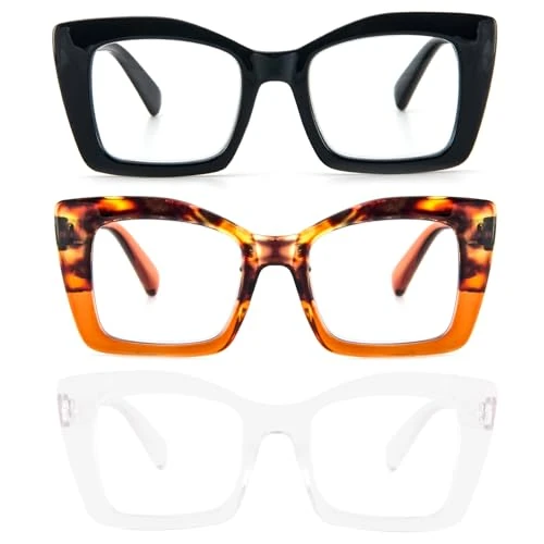Offerta a tempo: KoKoBin 3 Pack Occhiali da lettura quadrati da donna Oversized con cerniere a molla per computer (Nero/marrone leopardato/trasparente, 2, Diottria) - 46% da 15.99 € a 8.67 €