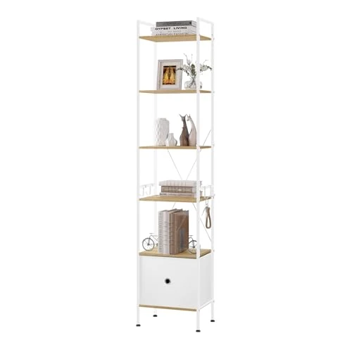 WOLTU RGB63whe 5 Tier Bookcase with Drawer, Standing Shelf with Metal Frame for Living Room Study Home Office Bedroom Modern Light Oak + White