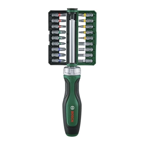 Bosch Bit Ratchet Screwdriver Set 19-Piece (High-Torque Bit Screwdriver; Max Torque 36 Nm; 36-Tooth Gear; Magnetic Bit Holder; Ergonomic Softgrip; 18 Bits S2-Steel; Storage Clip)