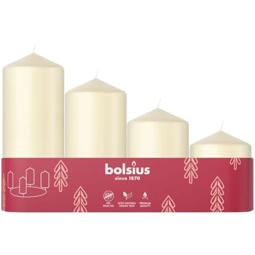 Bolsius Set di 4 candele lisce dell'Avvento - Diverse dimensioni 12-10-8-6 cm- Ø48mm - Decorative - Per la casa - A lunga durata - Non profumate - Con cera vegetale naturale - Senza olio di palma